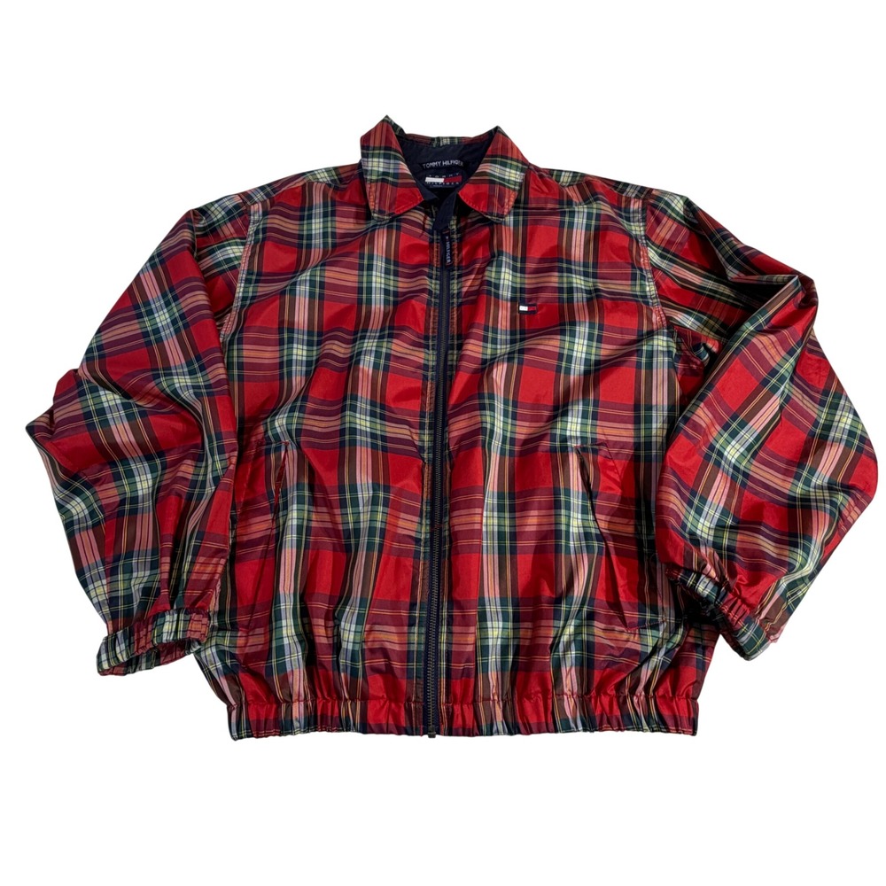 Tommy Hilfiger Plaid Jacket – L Red Harrington Full Zip Windbreaker